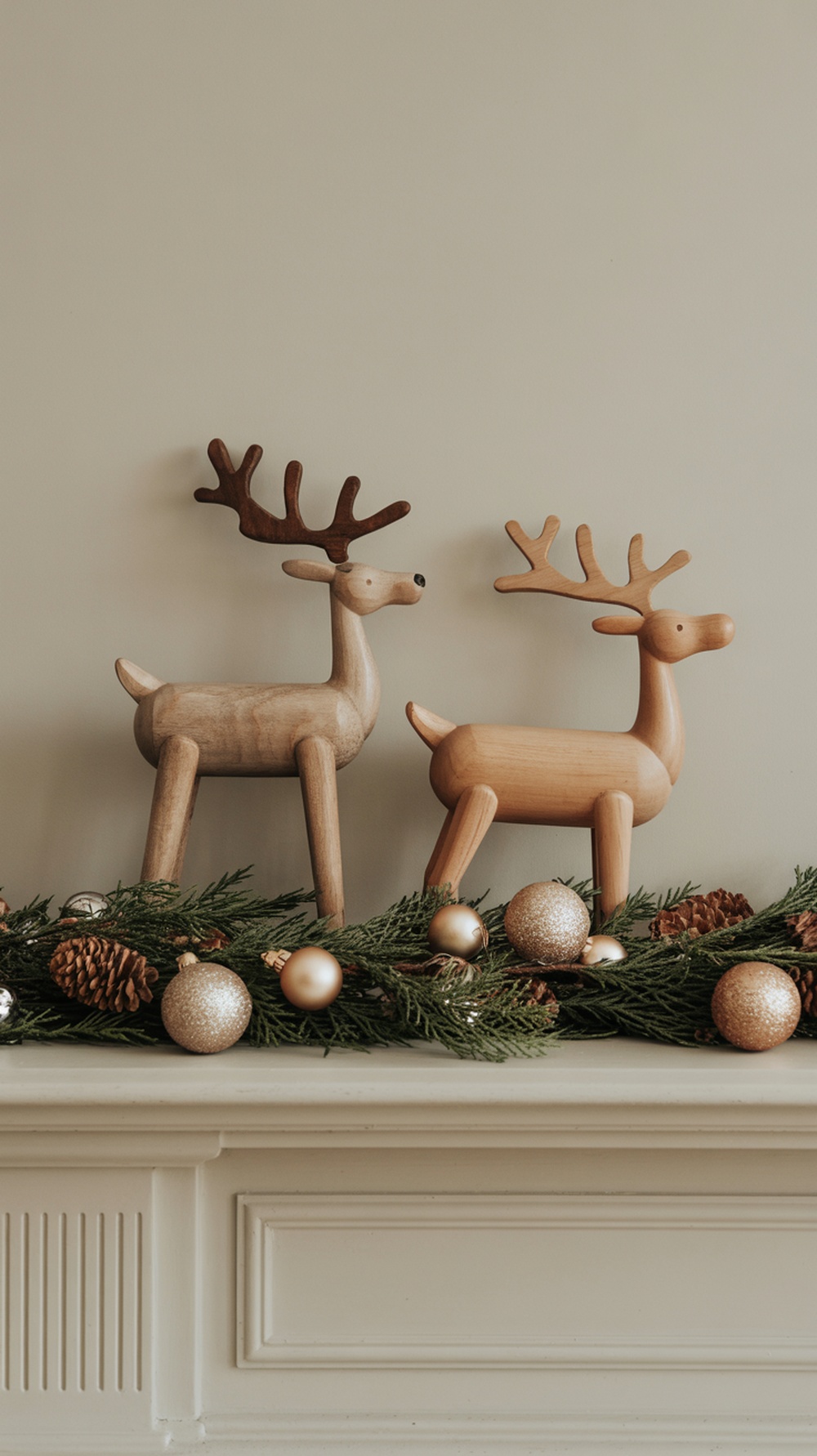 Two wooden reindeer figurines on a mantel decorated with pinecones and ornaments
