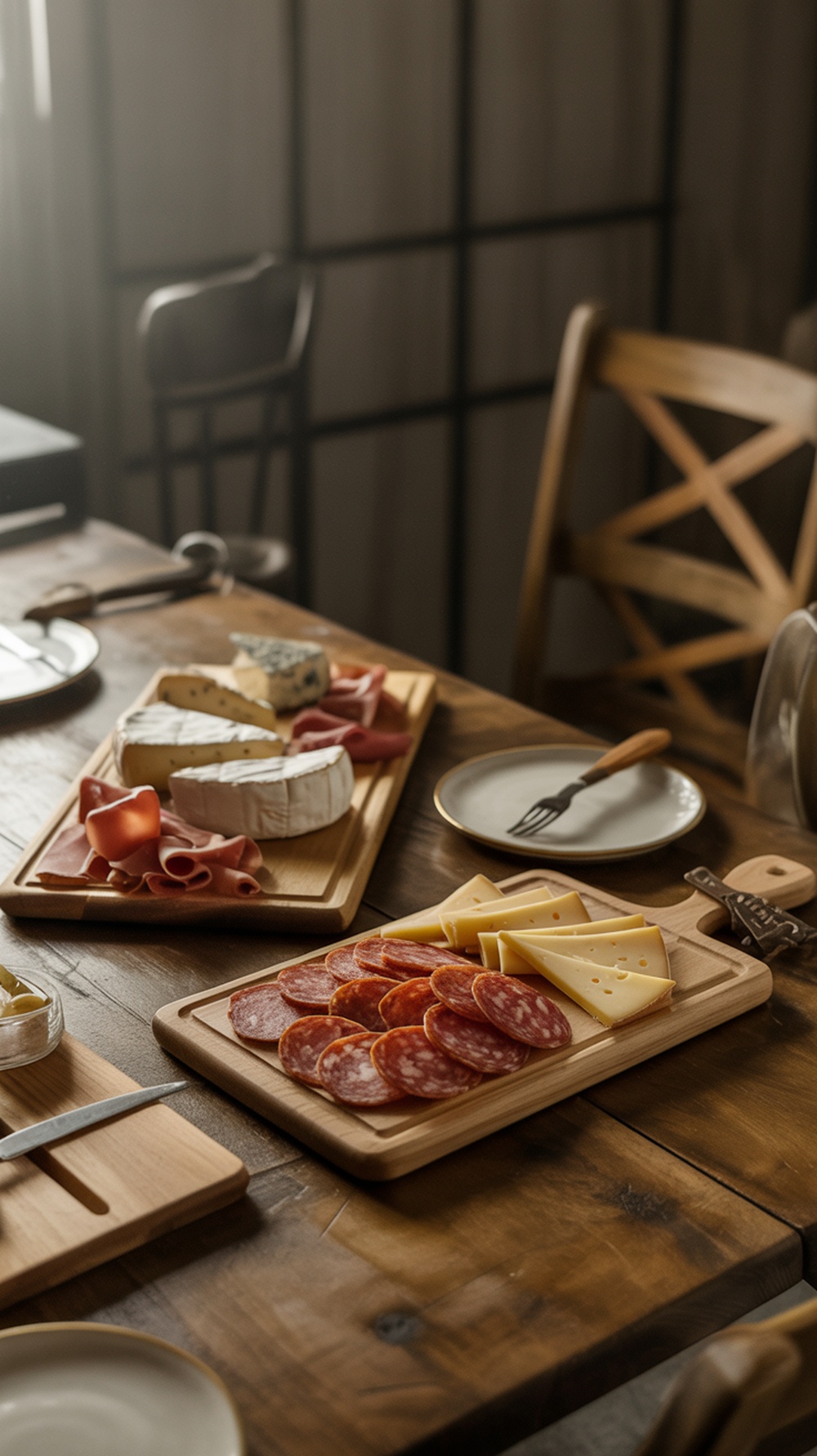 Wooden serving boards with cheeses, meats, and olives on a rustic table