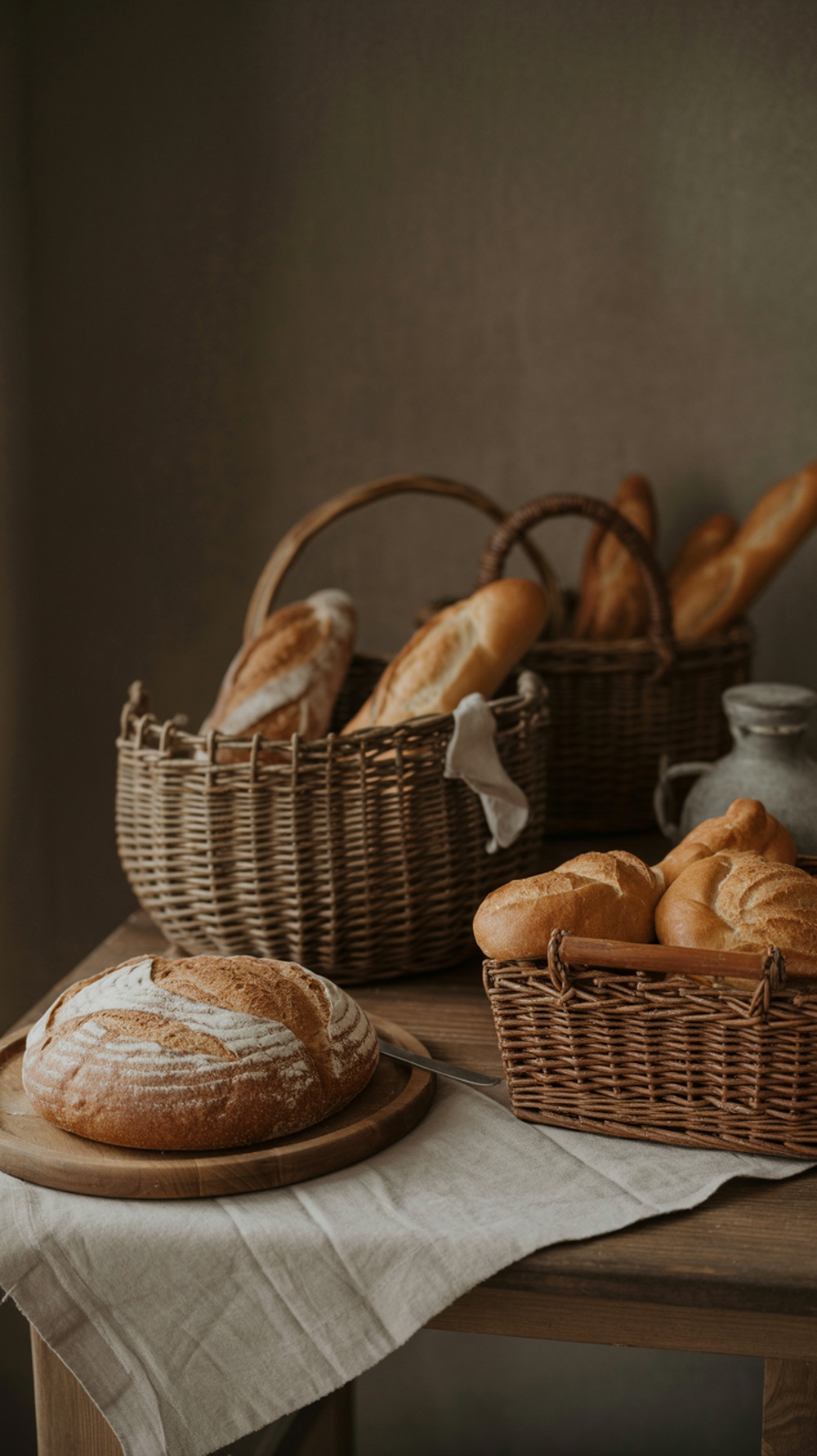A rustic Thanksgiving table setting featuring woven baskets filled with various types of bread.