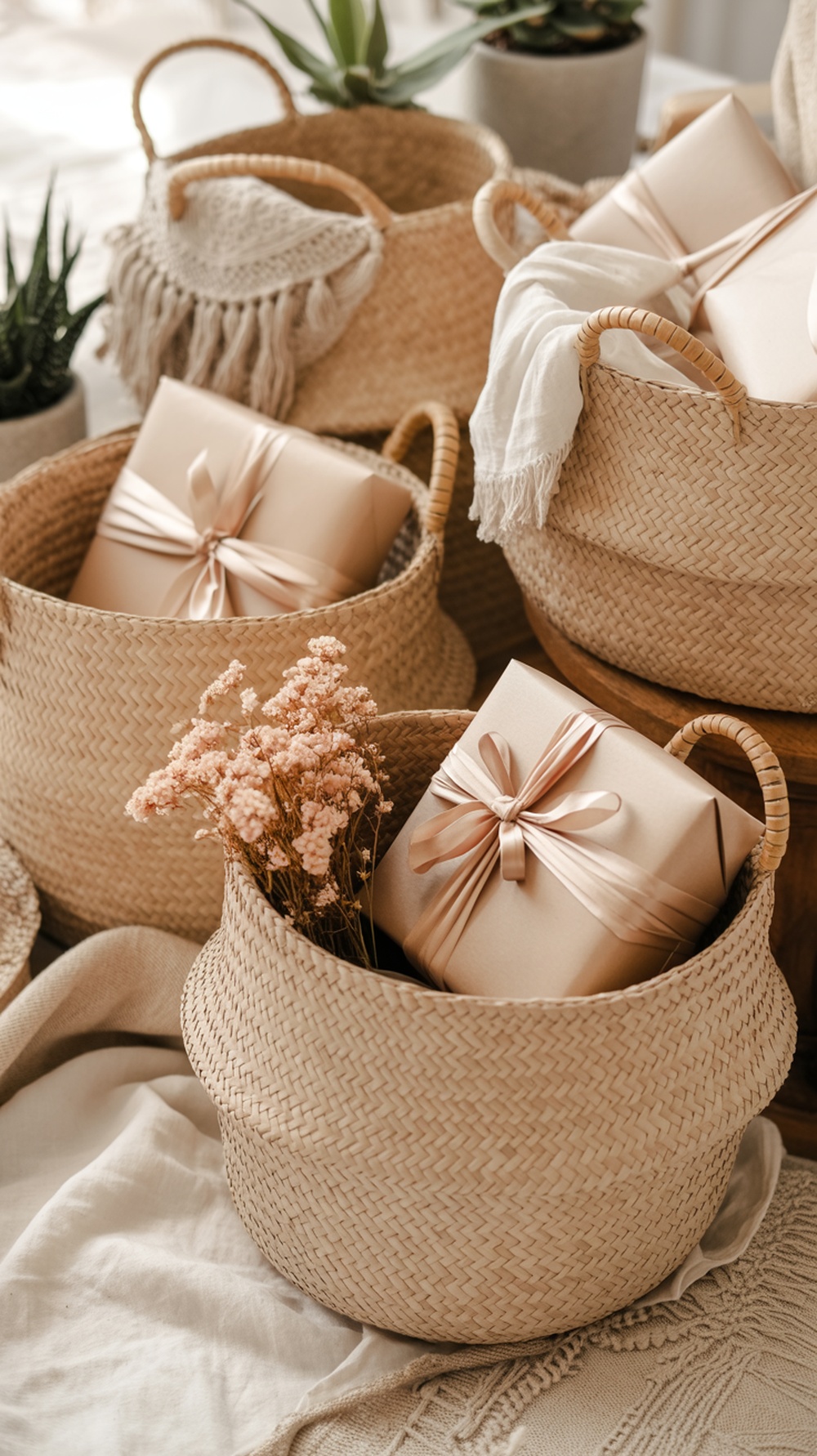 Woven baskets filled with wrapped gifts and dried flowers