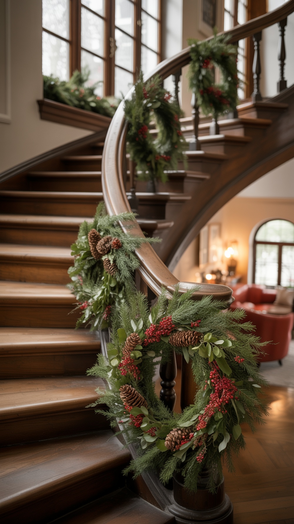A staircase decorated with green wreaths at each landing.