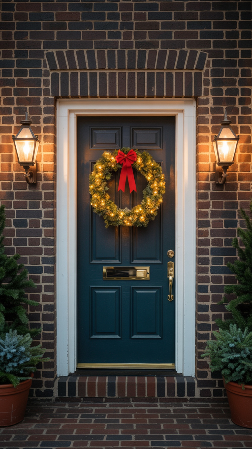 A beautifully lit wreath with a red bow on a blue door, surrounded by potted greenery.