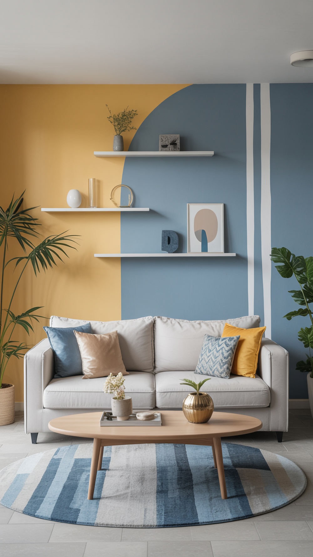 A modern living room featuring blue and yellow walls, a white sofa with colorful pillows, a round coffee table, and green plants.