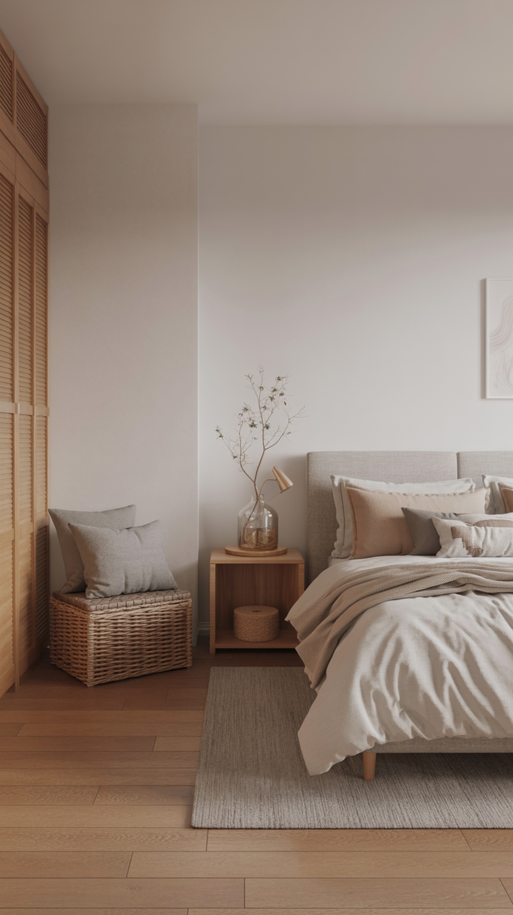 A minimalist bedroom featuring a cozy bed with neutral linens, a wooden nightstand with a vase, and a woven basket.
