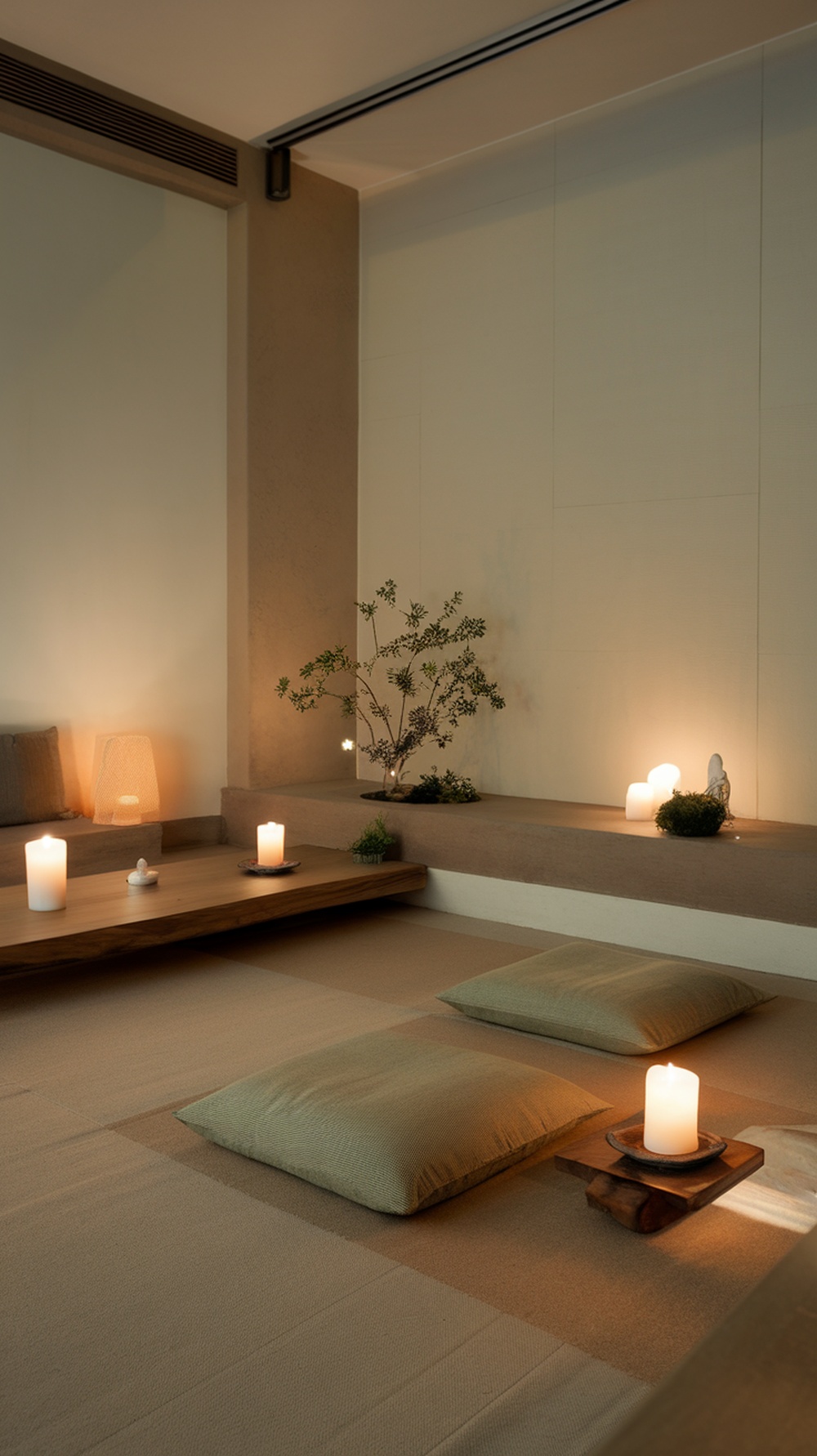 A serene Zen meditation space featuring candles, cushions, and natural elements.