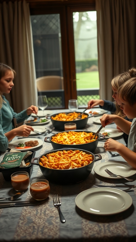 A family enjoying a baked pasta dish at a dinner table.