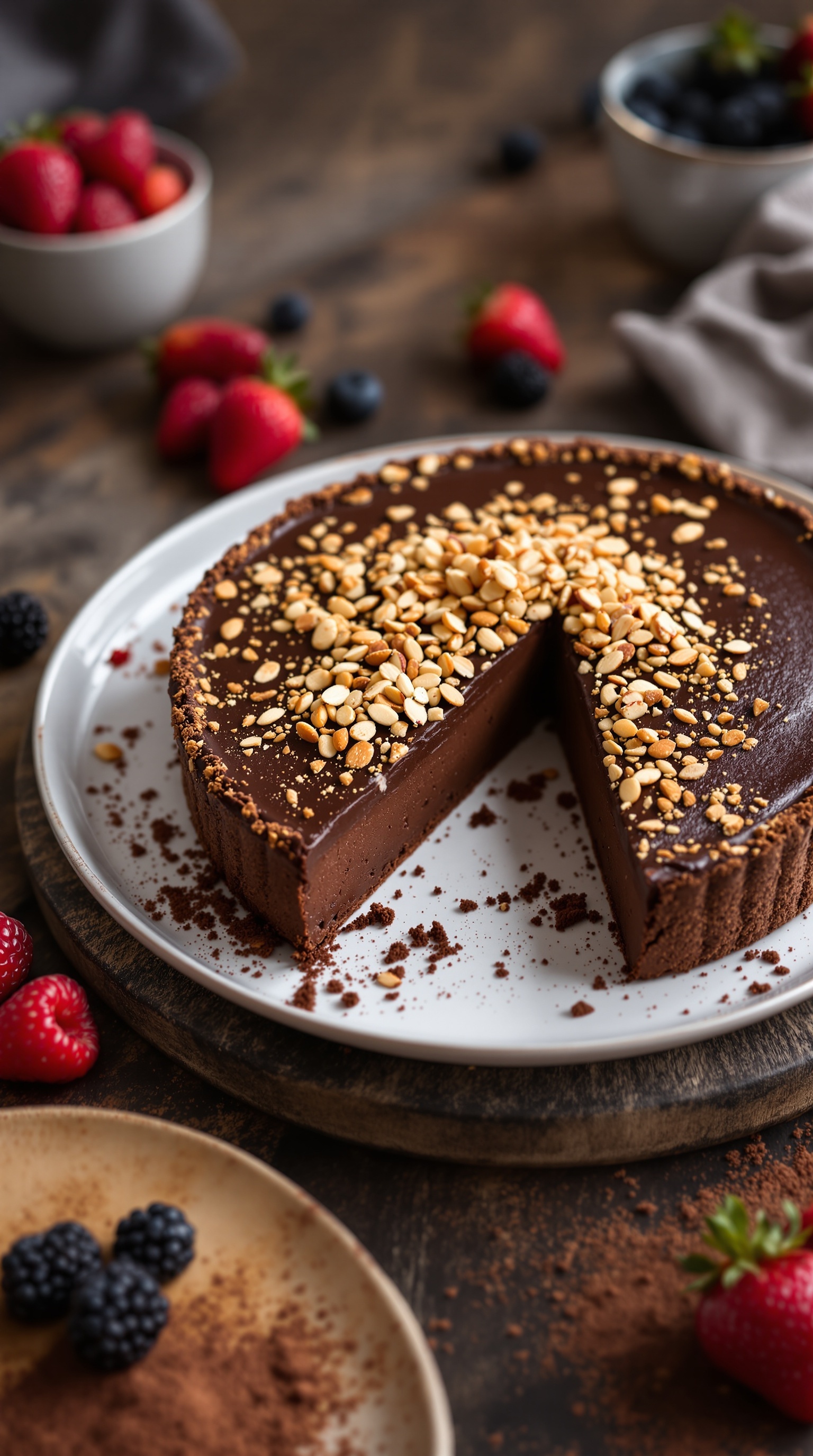 Flourless Paleo Chocolate Torte with Almond Crunch, garnished with fresh berries.