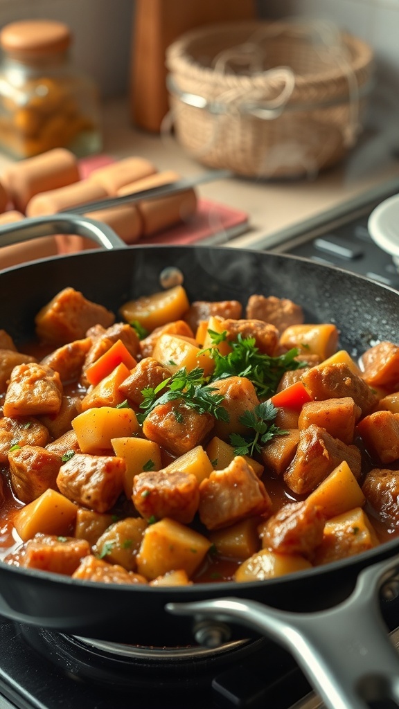 A skillet meal with pork, potatoes, and vegetables cooking on a stovetop.