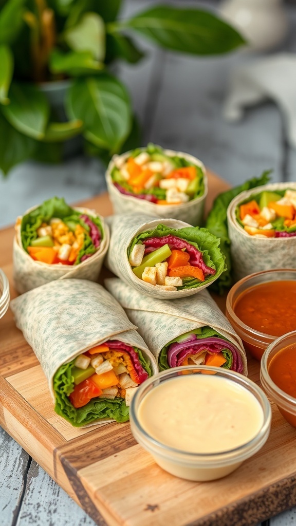 Colorful wraps filled with vegetables and chicken on a wooden board with dipping sauces