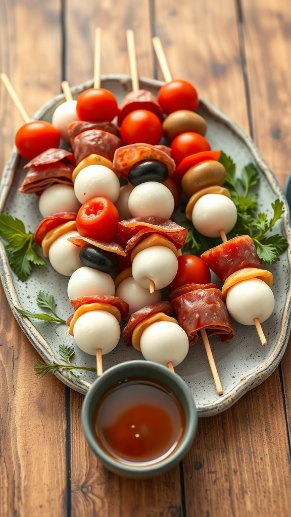 A platter of antipasto skewers with cherry tomatoes, mozzarella balls, olives, and salami, served with a dipping sauce.