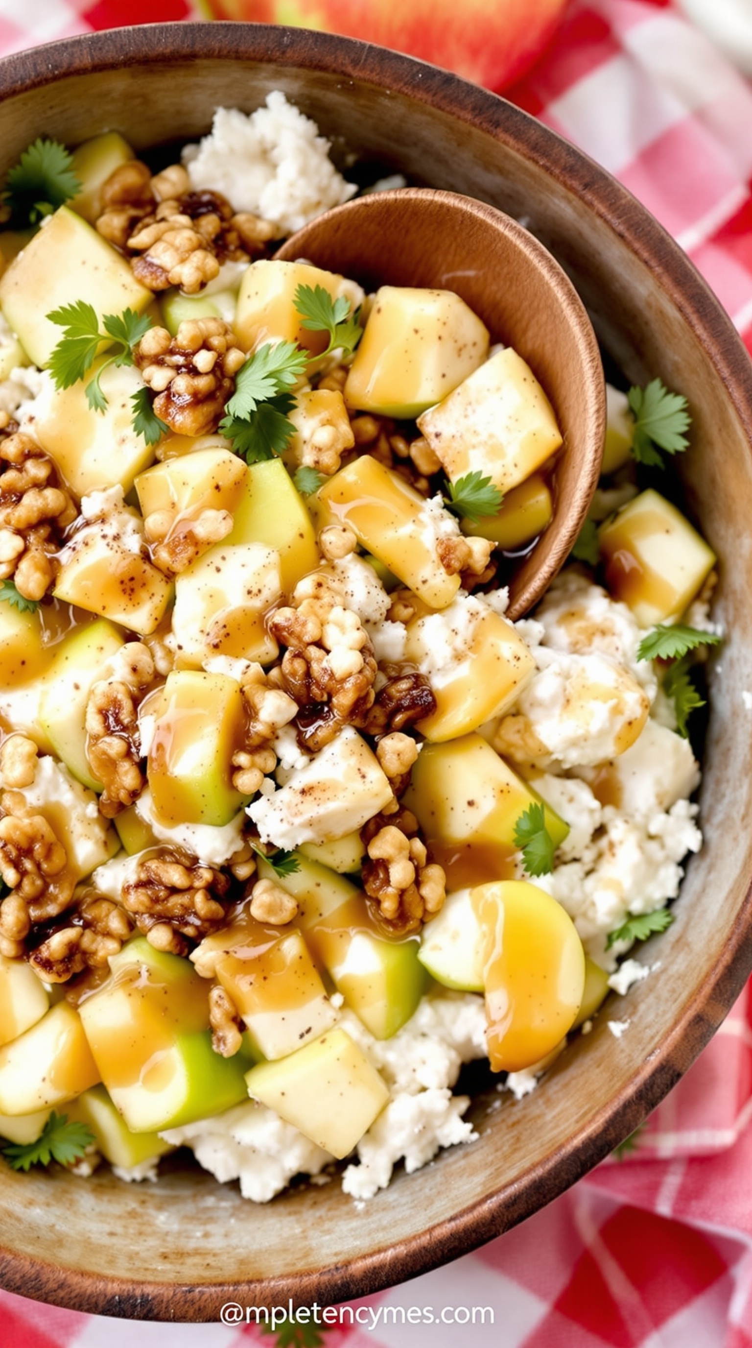 A bowl of Apple Walnut Cottage Cheese Salad with diced apples, chopped walnuts, and a honey-cinnamon dressing.