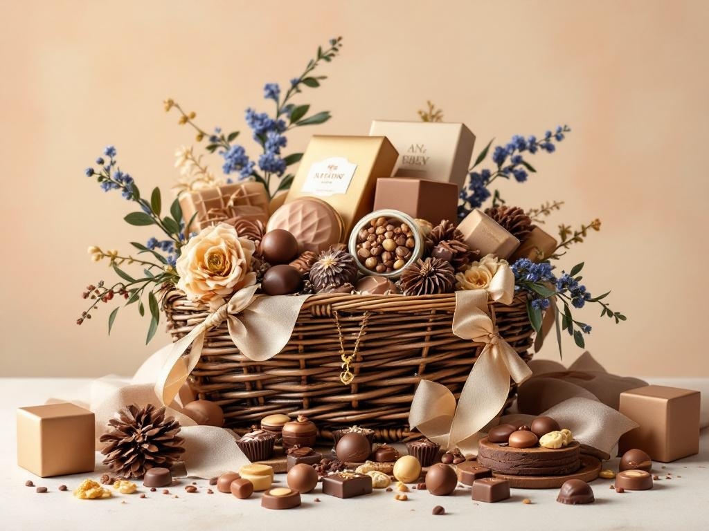 A beautifully arranged artisan chocolate basket filled with various chocolates, flowers, and decorative elements.