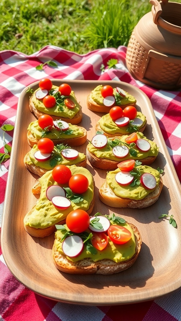 A wooden platter with avocado toast bites topped with cherry tomatoes and radishes, set on a picnic blanket.
