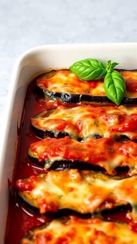 A dish of baked eggplant parmesan with melted cheese and fresh basil on top