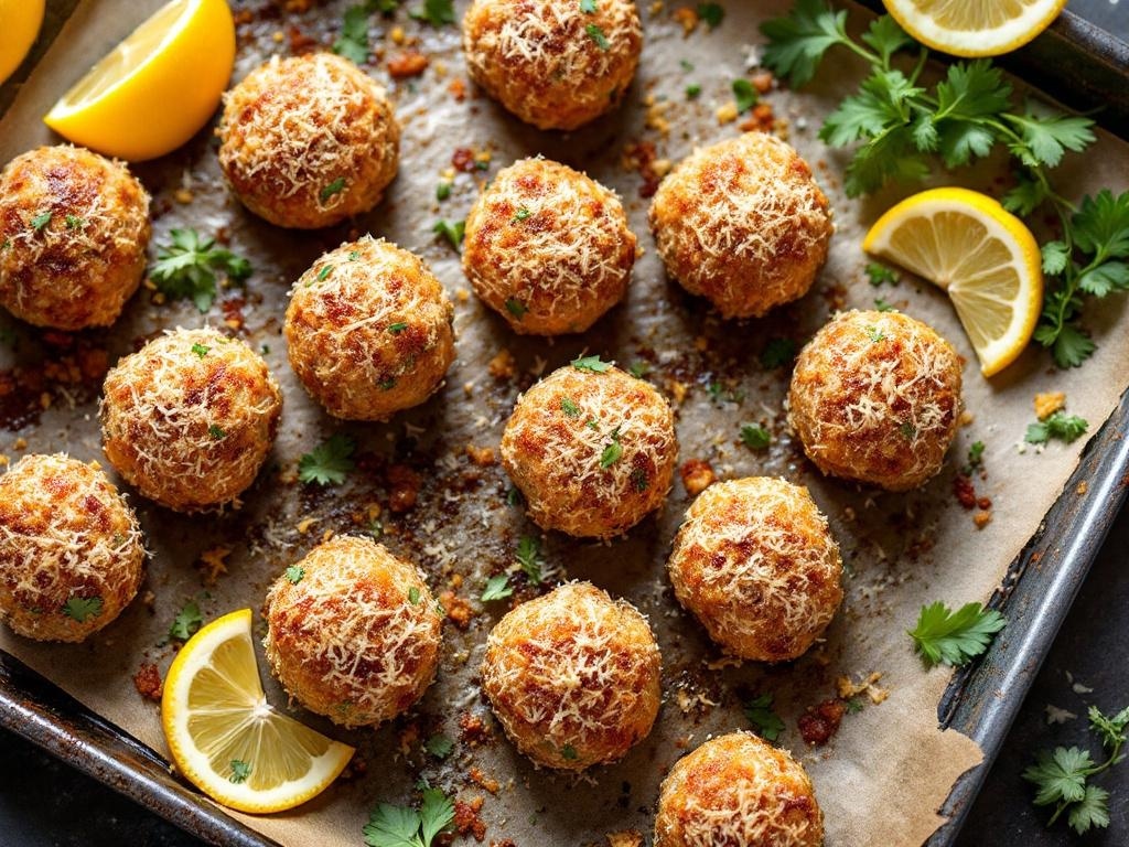 Baked meatballs with a parmesan crust on a baking sheet, garnished with lemon and parsley.