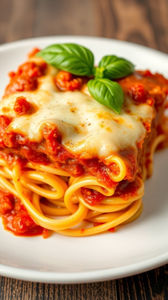 A delicious baked spaghetti casserole topped with melted cheese and fresh basil.