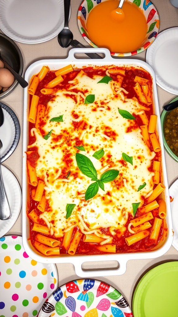 A tray of baked ziti topped with cheese and basil, surrounded by colorful plates and utensils.