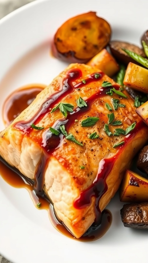 Balsamic glazed salmon with roasted vegetables on a plate