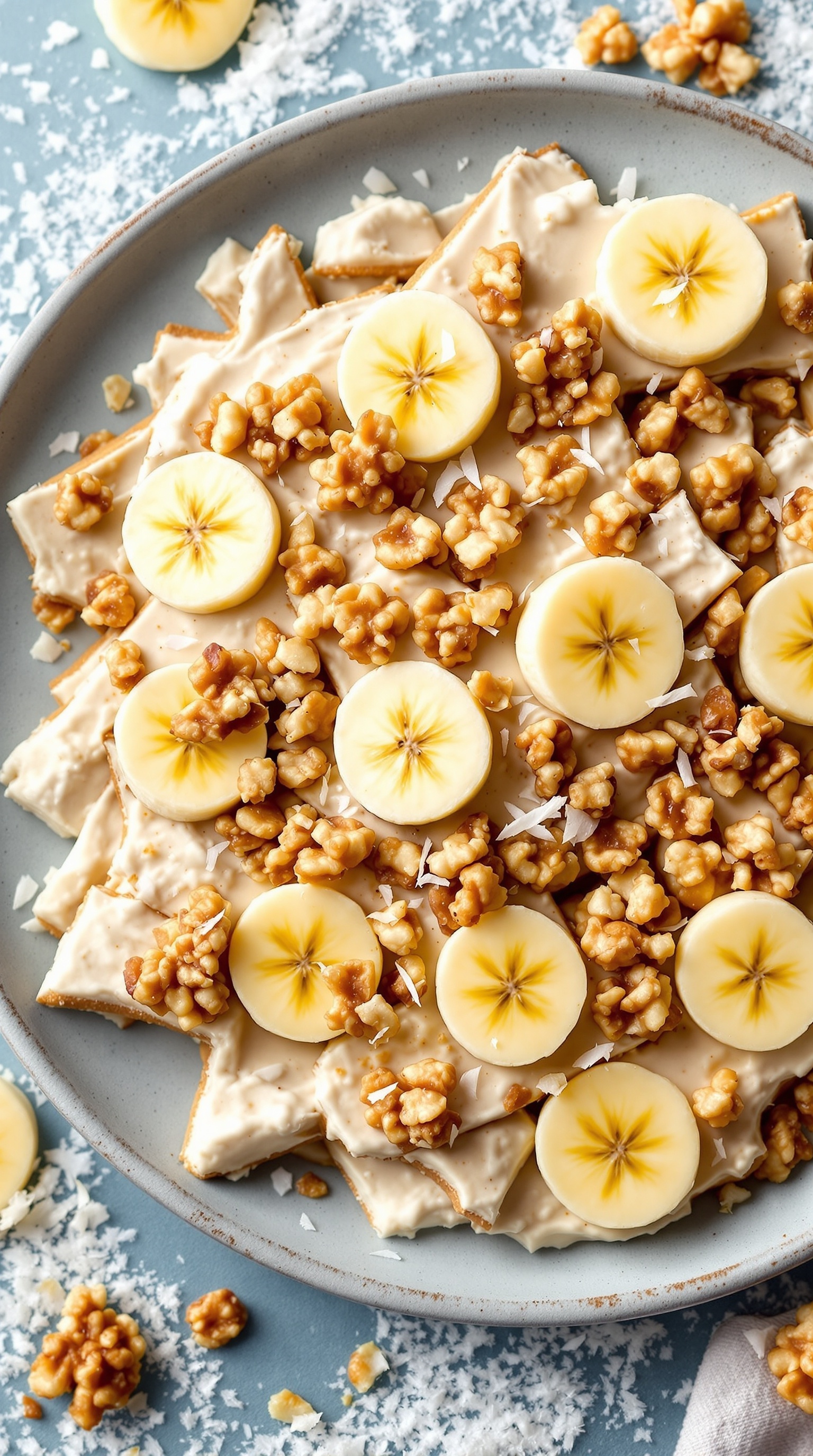 Banana Walnut Protein Cottage Cheese Bark topped with banana slices and walnuts