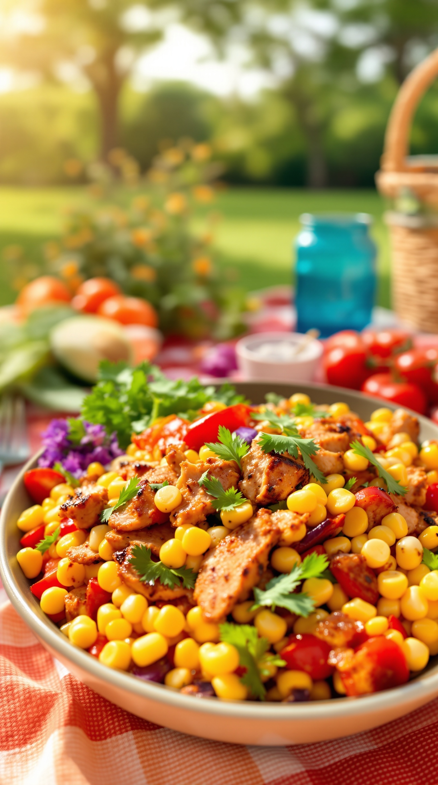 A colorful BBQ chicken and corn salad served in a bowl, surrounded by fresh vegetables and a picnic setting.