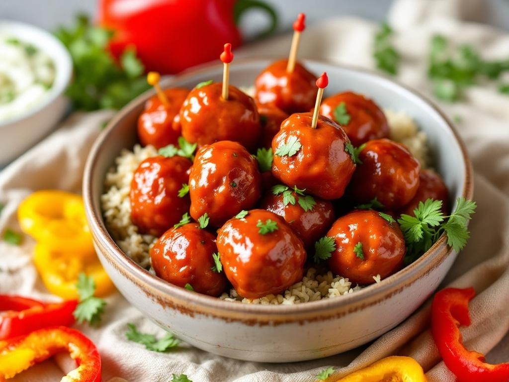 A bowl of BBQ meatballs with sweet and tangy glaze, garnished with parsley, served on a bed of rice.