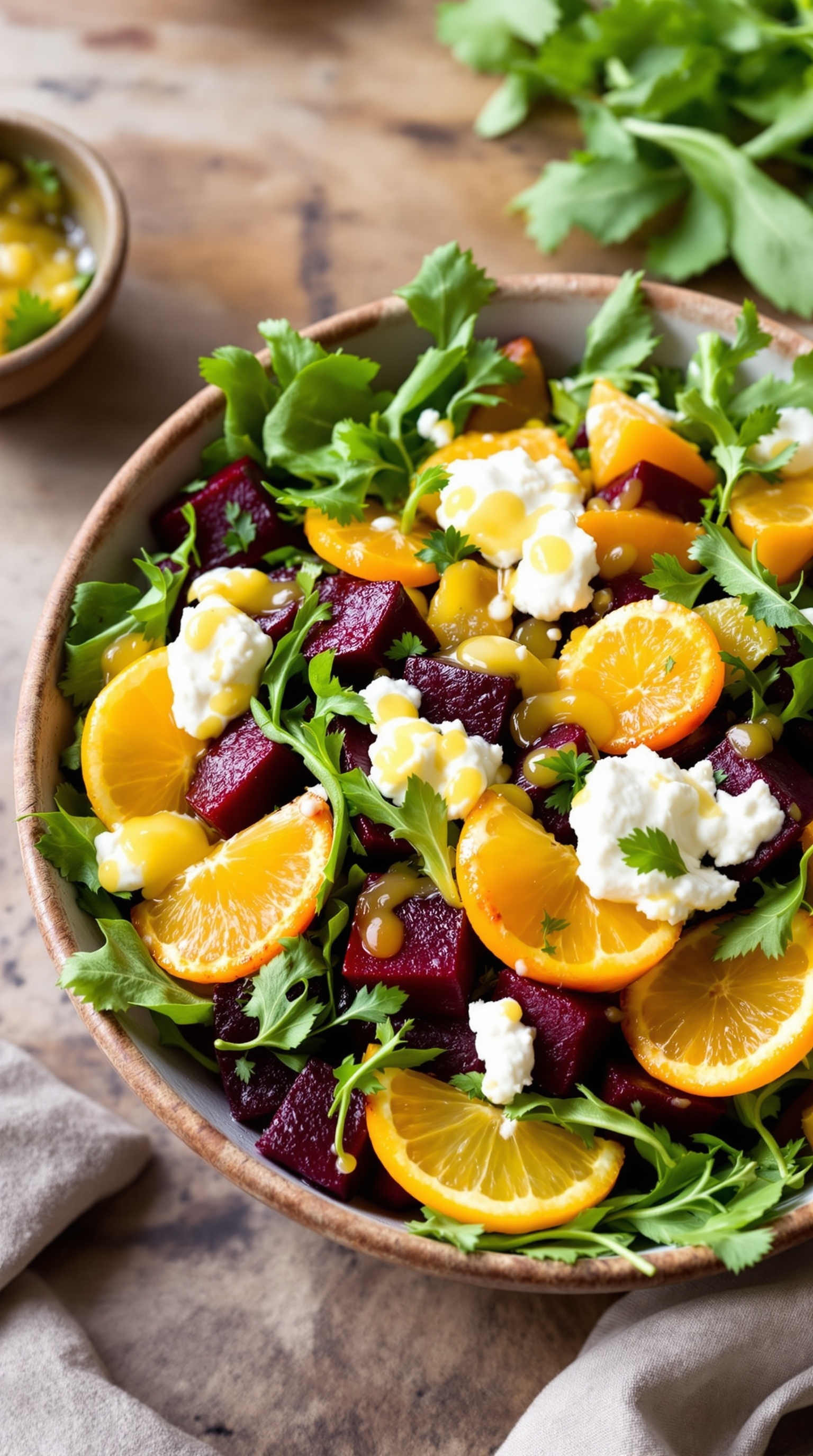 A colorful Beet & Citrus Cottage Cheese Salad with roasted beets, mixed greens, cottage cheese, and mandarin oranges.