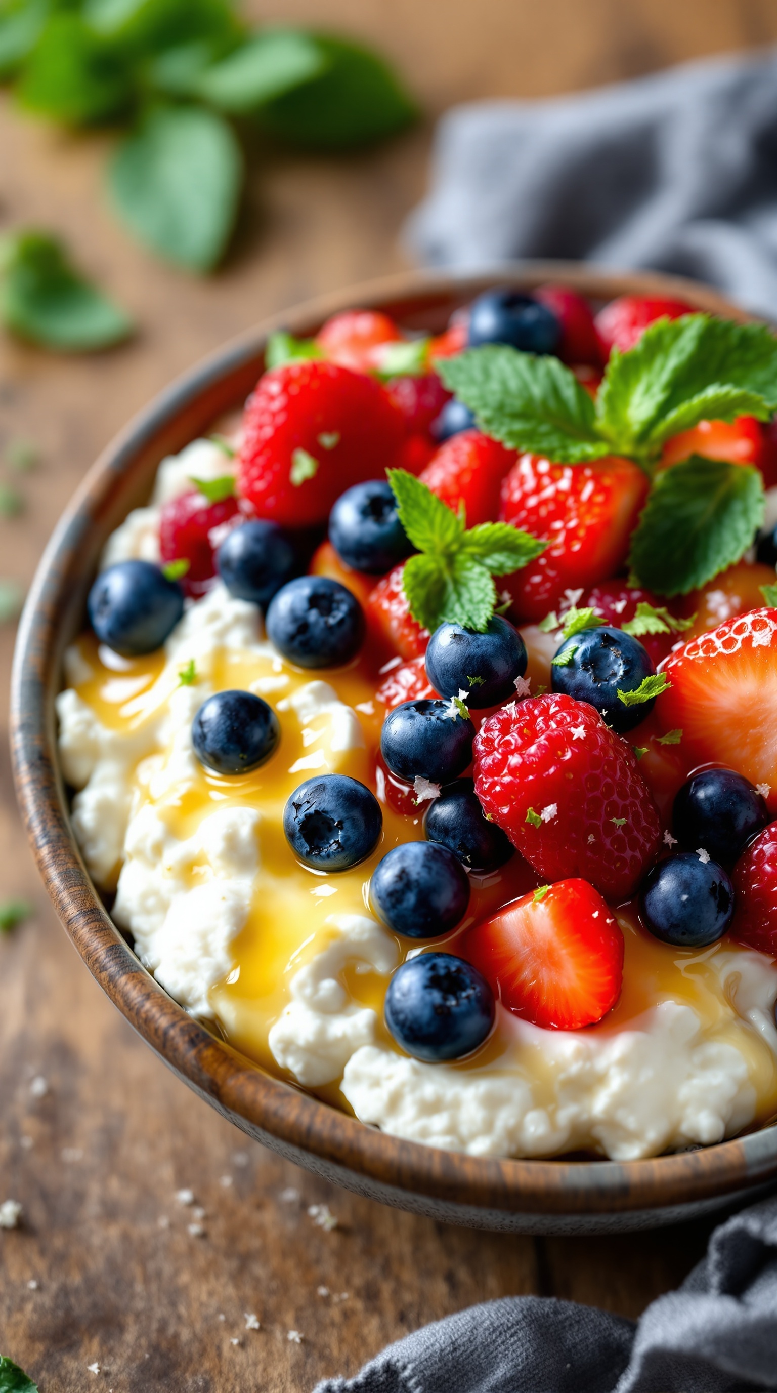 A bowl of cottage cheese topped with mixed berries, honey, and mint leaves.