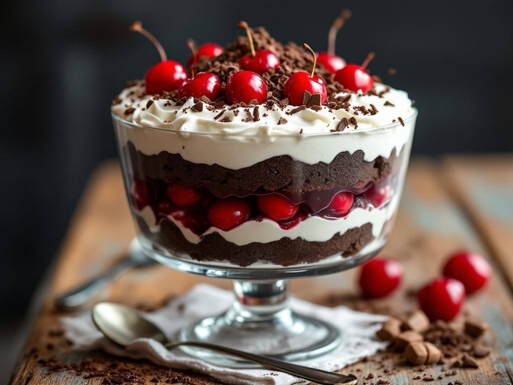 A delicious Black Forest Trifle with layers of chocolate cake, cherries, and whipped cream topped with chocolate shavings and cherries.