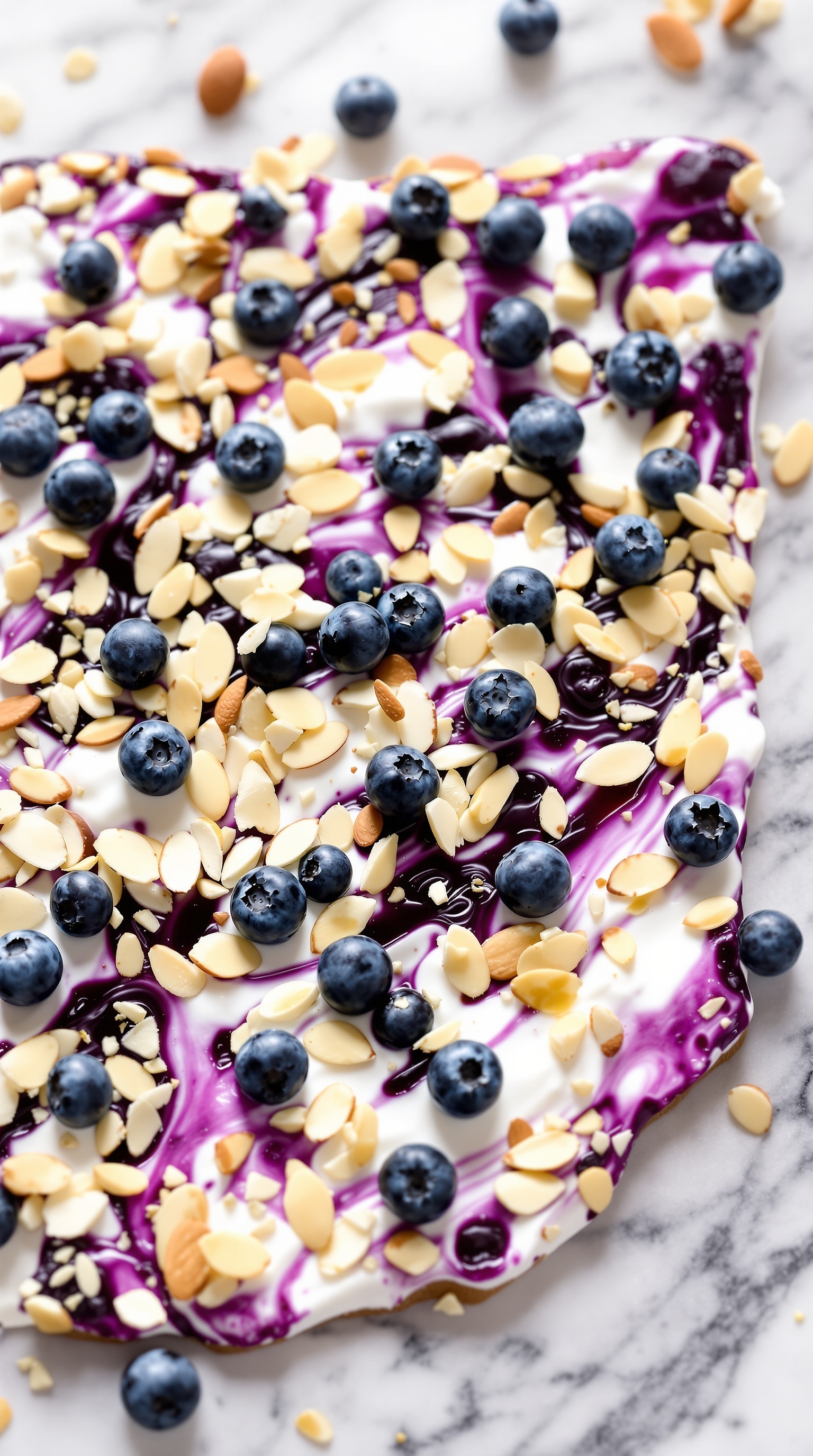 Blueberry Almond Cottage Cheese Bark topped with blueberries and sliced almonds on a marble surface.