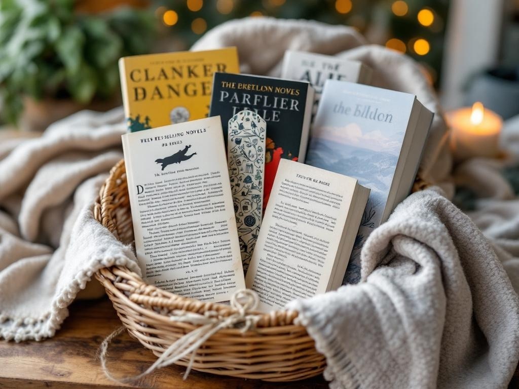 A cozy basket filled with books and a soft blanket, perfect for a reading retreat.
