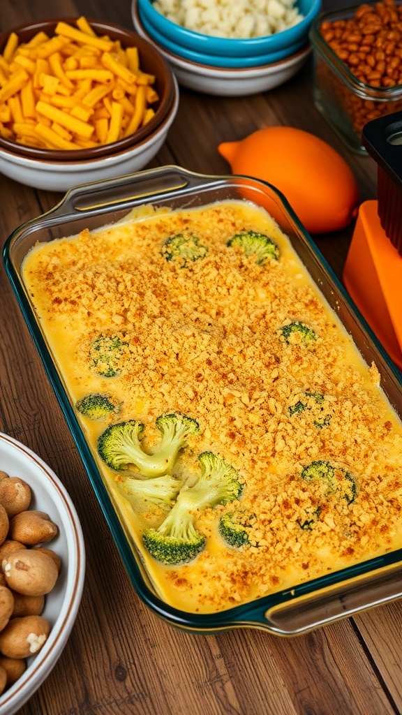 A delicious broccoli cheddar casserole topped with breadcrumbs, surrounded by ingredients like cheese, eggs, and nuts.