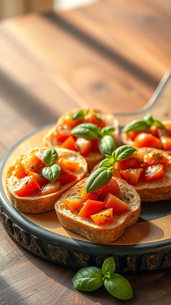 A plate of bruschetta topped with diced tomatoes and basil leaves on a wooden table.