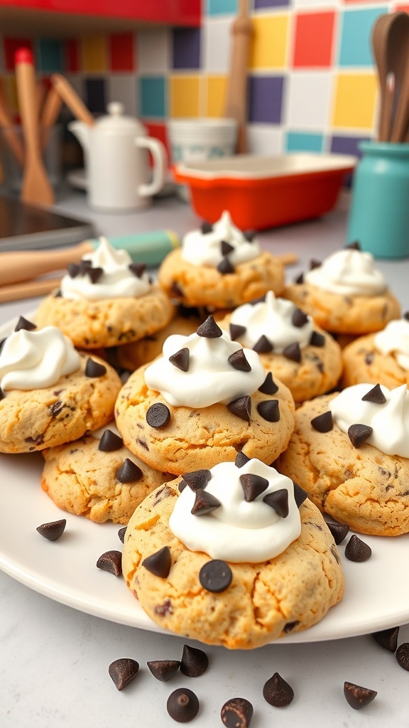 Plate of cake mix cookies topped with Cool Whip and chocolate chips