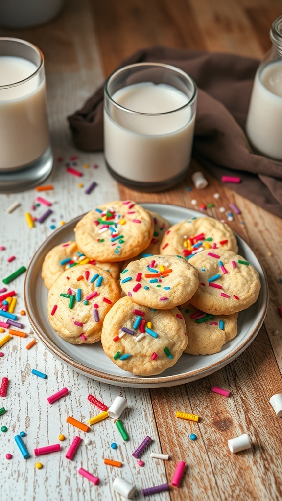 A plate of Funfetti cake mix cookies topped with colorful sprinkles, surrounded by glasses of milk and scattered sprinkles on a wooden table.