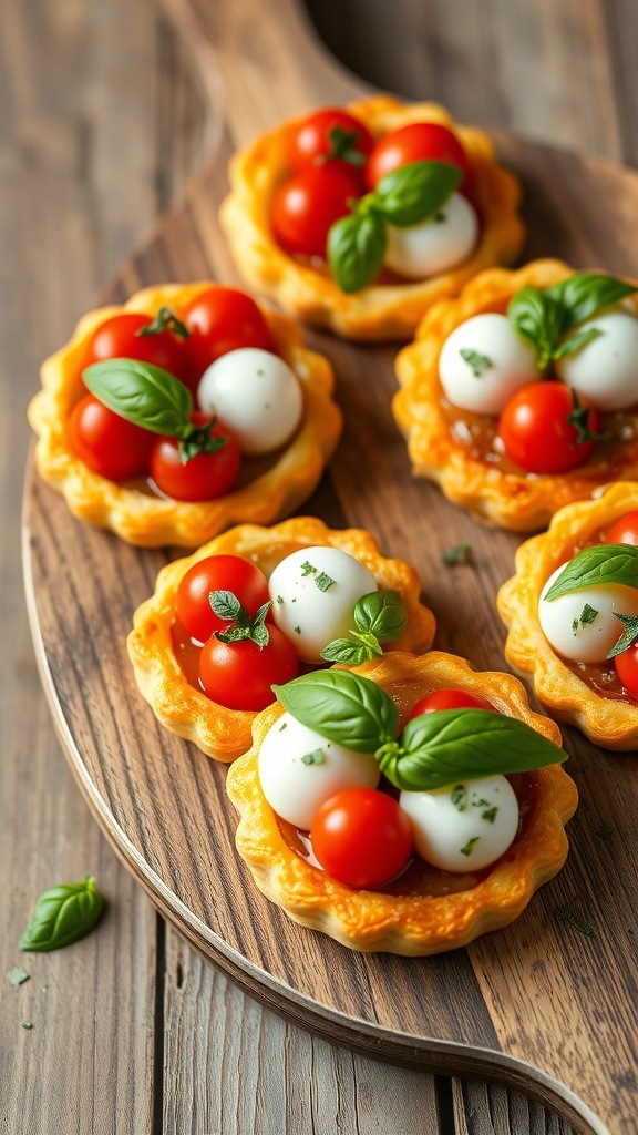 Delicious Caprese Pesto Tarts topped with cherry tomatoes and basil
