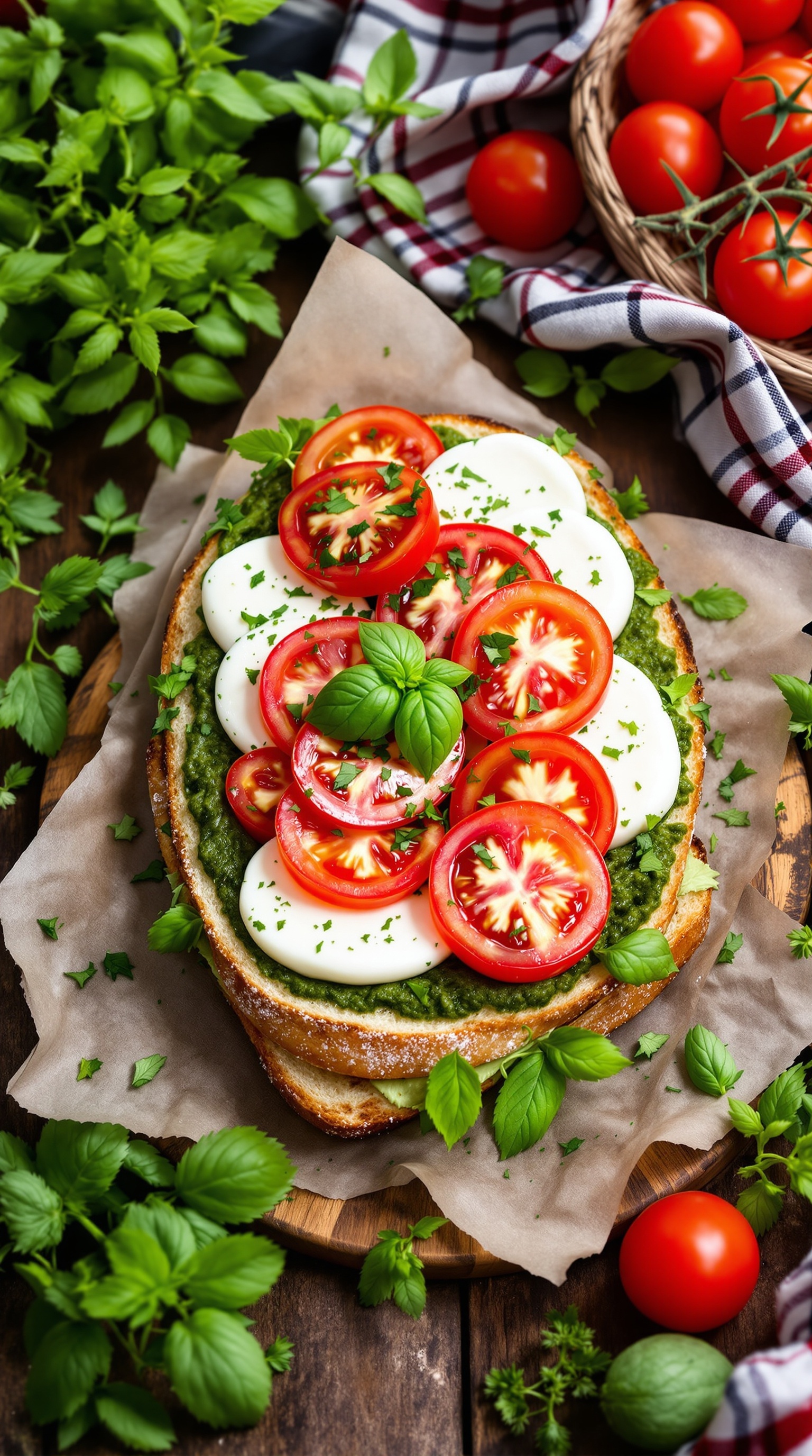 Caprese sandwich with pesto, topped with mozzarella, tomatoes, and basil, surrounded by fresh ingredients.