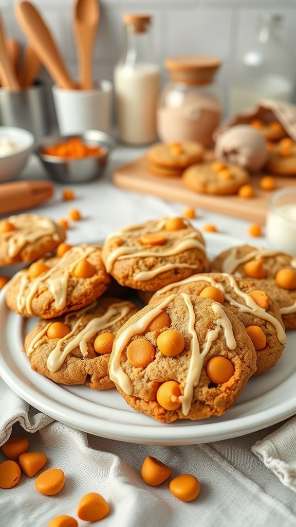 Plate of carrot cake mix cookies with butterscotch chips, surrounded by baking ingredients.