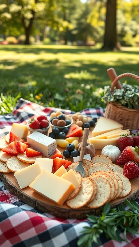A vibrant cheese and crackers platter with assorted cheeses, fresh fruits, and crunchy crackers, set on a picnic blanket in a park.