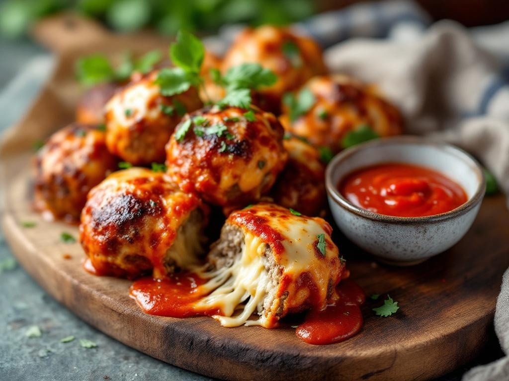 Cheesy beef meatballs with marinara dip on a wooden platter