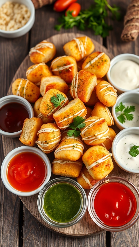 A platter of cheesy garlic bread bites with various dipping sauces