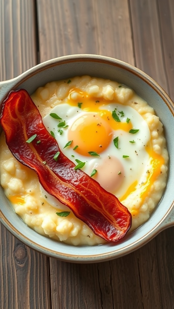 A bowl of cheesy grits topped with fried eggs and crispy bacon, garnished with parsley.