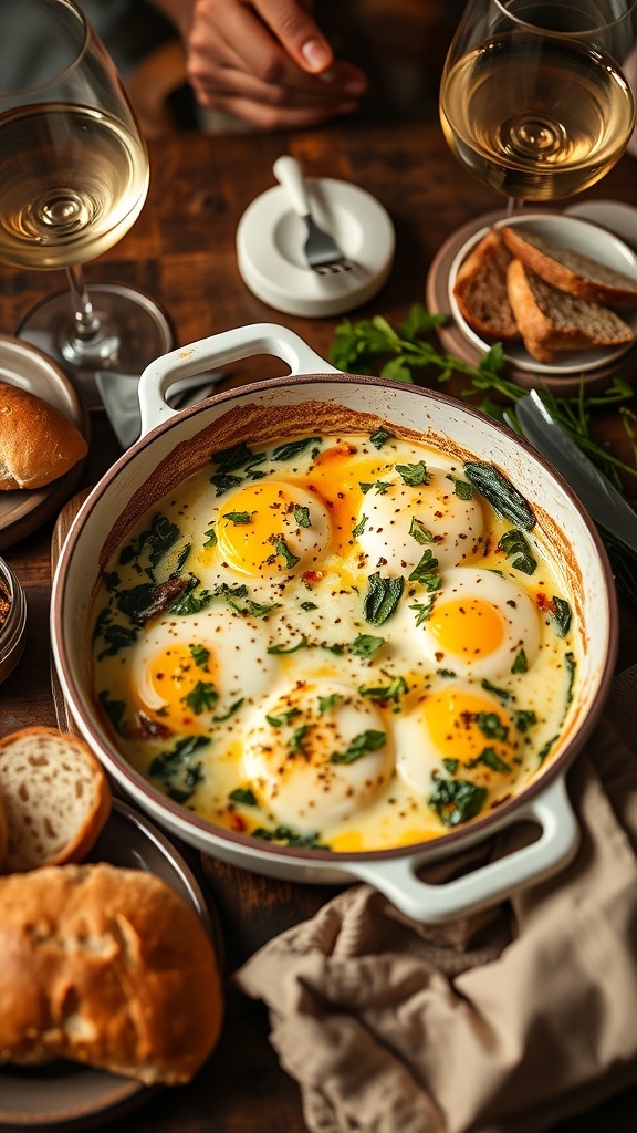 A dish of cheesy spinach and artichoke baked eggs with crusty bread on the side.