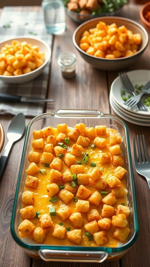 A glass baking dish filled with cheesy tater tot casserole, topped with green onions, surrounded by bowls of tater tots on a wooden table.