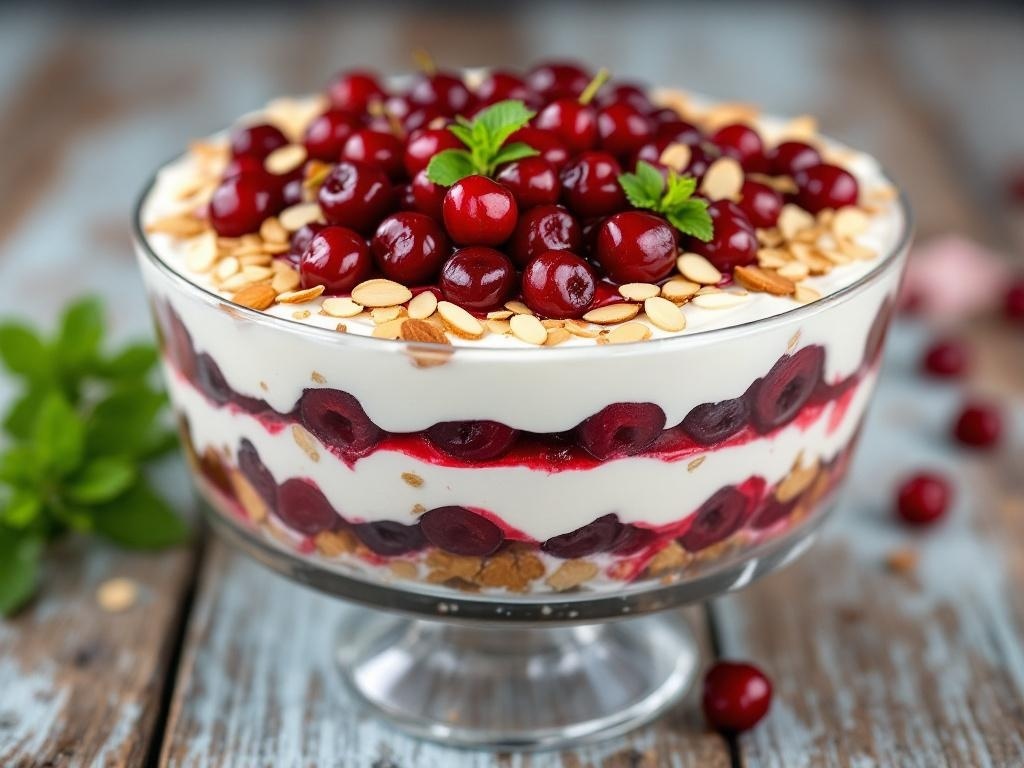A delicious Cherry Almond Amaretto Trifle in a glass bowl, layered with cherries, cream, and topped with almonds.