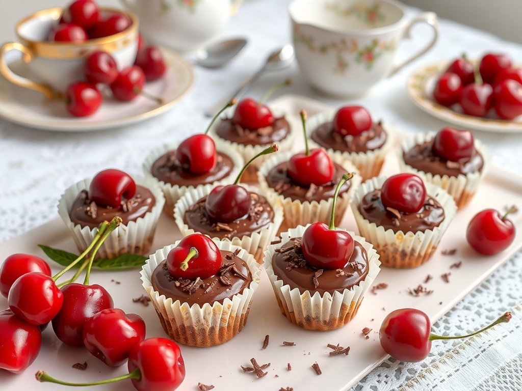 Cherry chocolate mini cakes topped with cherries on a platter.