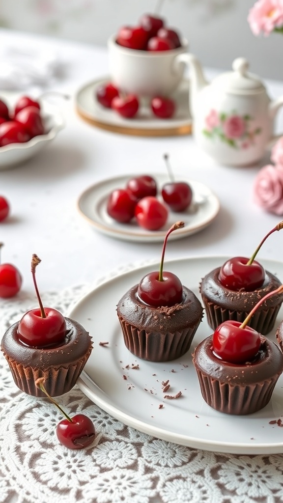 Cherry chocolate mini cakes on a plate with cherries in the background