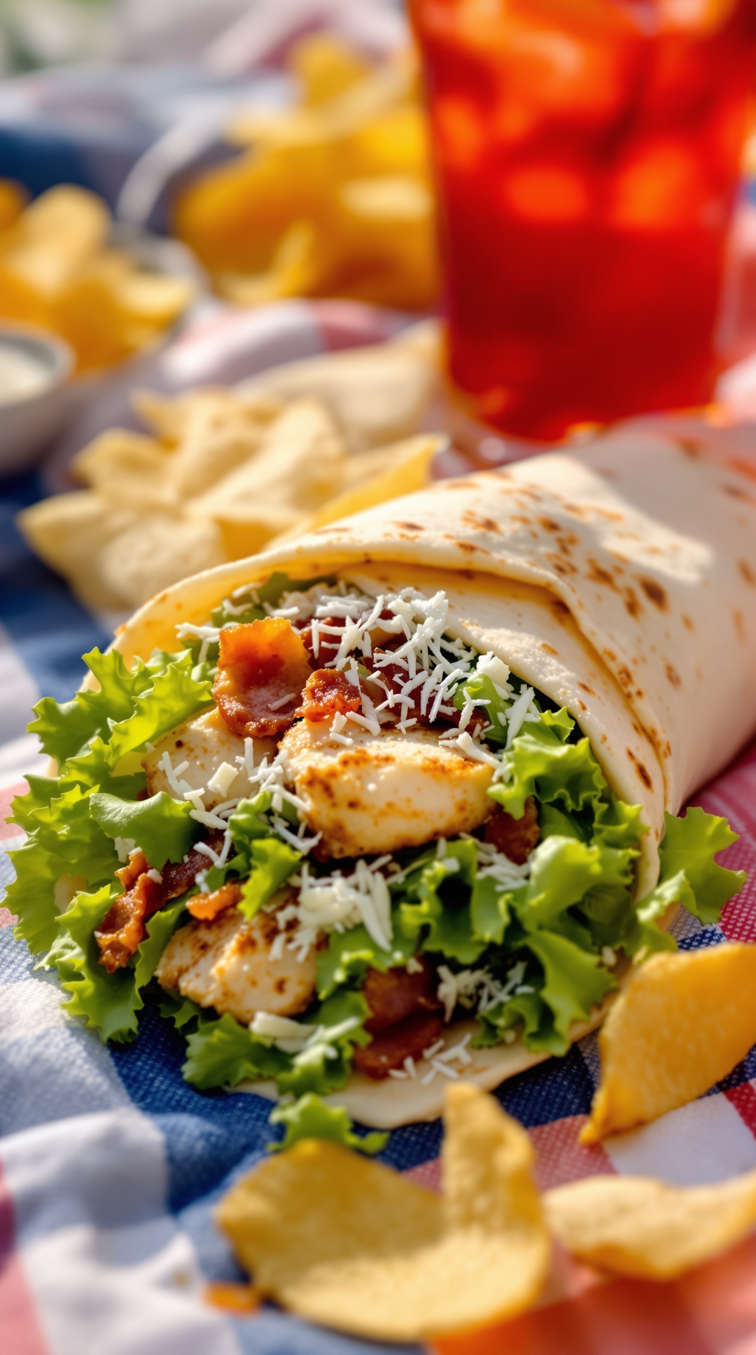 A Chicken Caesar wrap filled with lettuce, chicken, bacon, and Parmesan cheese, served with chips.