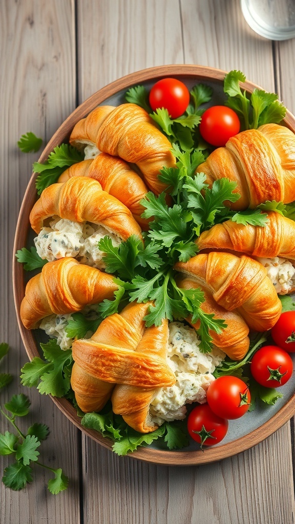 A platter of chicken salad croissant sandwiches garnished with cherry tomatoes and fresh herbs.