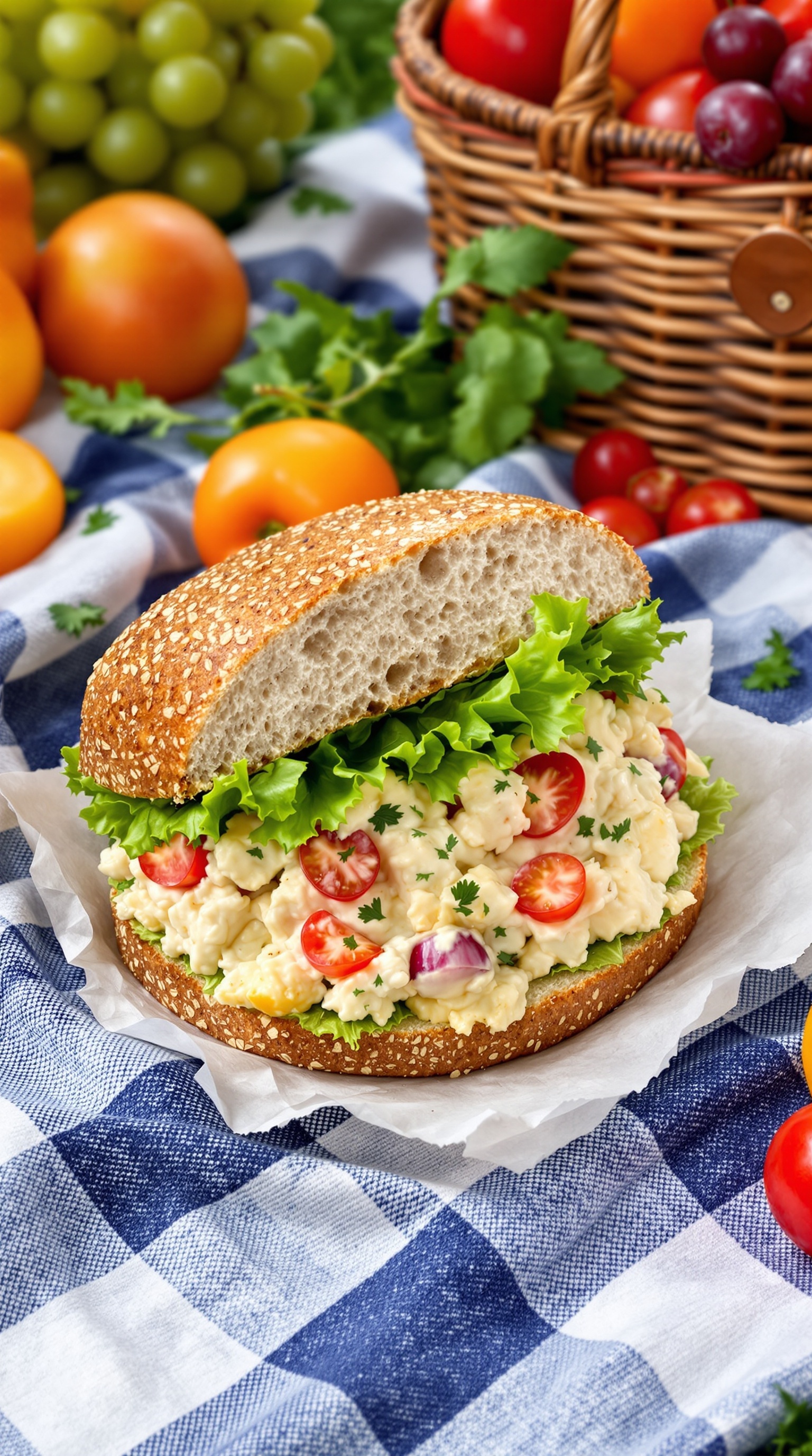 A delicious chicken salad sandwich with lettuce and tomatoes, surrounded by fresh fruits.