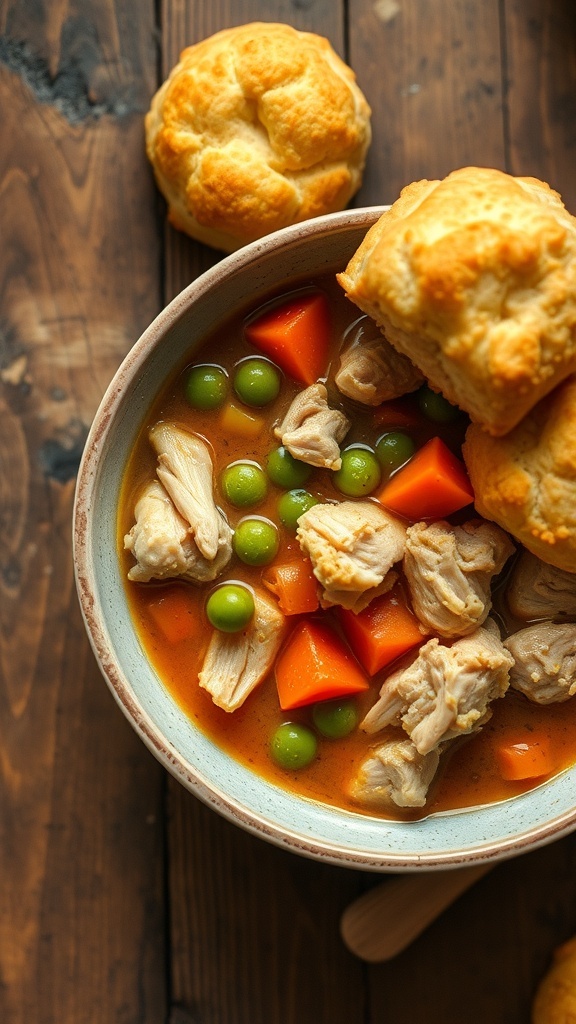 A bowl of chicken stew with vegetables and biscuits on a wooden table.